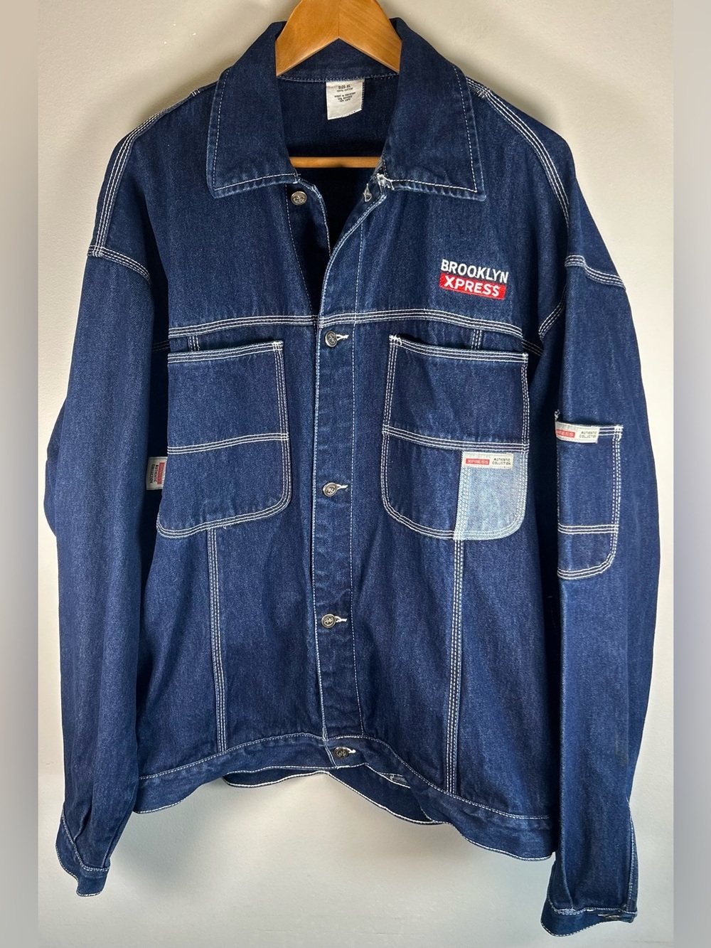 VTG Brooklyn Xpress Raw Denim Jacket XL Y2K Gangsta Rap Urban Streetwear Trucker